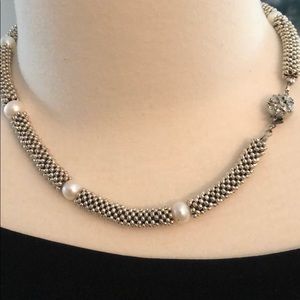 Silver beads and faux pearl 8 inc. necklace.